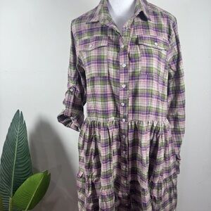 The Shirt by Rochelle Behrens Plaid Long Sleeve Dress - Green and Purple